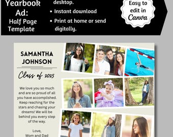 Half Page Senior Yearbook Ad, Senior Tribute Ad, Editable Canva Yearbook Ad, Half Page High School Yearbook Template, Photo Collage