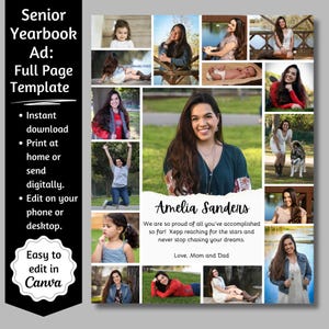 Puede incluir: Un collage de fotos de una joven, Amelia Sanders, con un mensaje de sus padres. Las fotos la muestran en diferentes entornos, incluyendo exteriores, en un parque y en un estudio. El mensaje dice: "¡Estamos tan orgullosos de todo lo que has logrado hasta ahora! Sigue alcanzando las estrellas y nunca dejes de perseguir tus sueños. Con amor, Mamá y Papá."