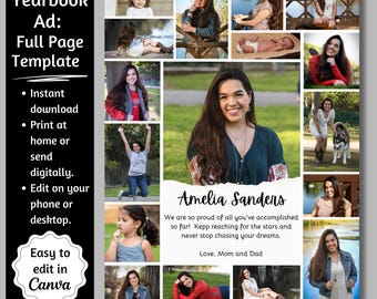 Full Page Senior Yearbook Ad Template, Yearbook Full Page, 8.5" x 11" Senior Tribute, Editable Canva Parent Yearbook Ad, 17 Photo Collage