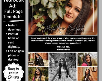 Full Page Senior Yearbook Ad, Editable Canva Template, 8.5" x 11" Photo Collage, Digital Download, Senior Tribute, Parent Announcement
