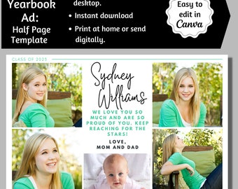 Half Page Senior Yearbook Ad, 1/2 Pg Editable Canva Template, Digital Download, High School 2026 Tribute, Photo Collage, Parent Announcement