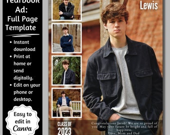 Full Page Senior Yearbook Ad Template, Yearbook Ad Full Page, Senior Tribute Boy, Parent Announcement, Editable Yearbook Ad, Photo Collage