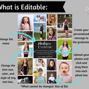 Peut inclure: Un mod&egrave;le de collage pour une carte photo de graduation. Le mod&egrave;le a un fond noir avec le texte "Madison Everest" et un message sur la fiert&eacute; d'&ecirc;tre dipl&ocirc;m&eacute;. Le mod&egrave;le comporte 12 cases photo pour t&eacute;l&eacute;charger des photos. Le texte "Ce qui ne peut pas &ecirc;tre modifi&eacute;&nbsp;: Taille du fichier" est en bas du mod&egrave;le.