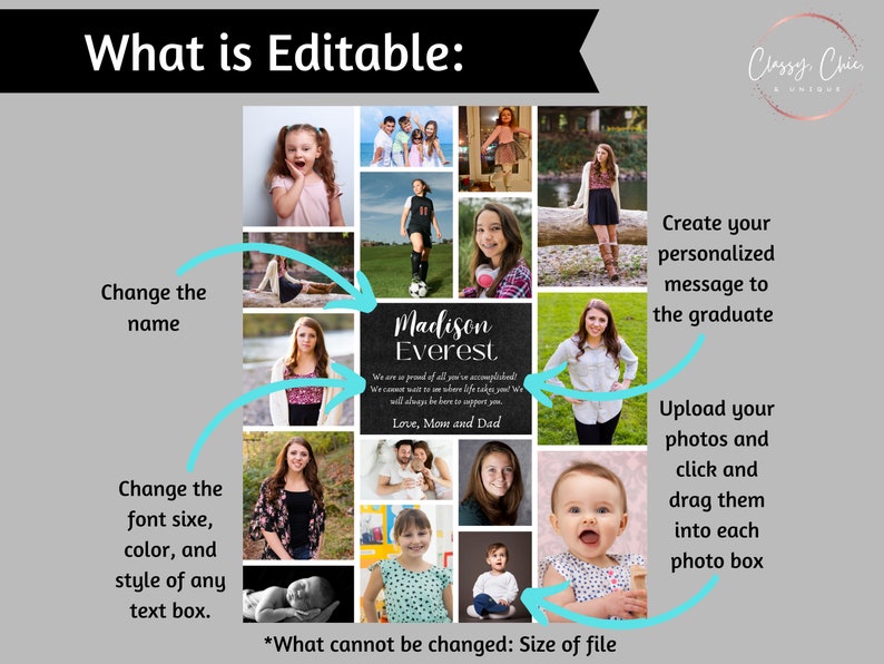 Peut inclure: Un mod&egrave;le de collage pour une carte photo de graduation. Le mod&egrave;le a un fond noir avec le texte "Madison Everest" et un message sur la fiert&eacute; d'&ecirc;tre dipl&ocirc;m&eacute;. Le mod&egrave;le comporte 12 cases photo pour t&eacute;l&eacute;charger des photos. Le texte "Ce qui ne peut pas &ecirc;tre modifi&eacute;&nbsp;: Taille du fichier" est en bas du mod&egrave;le.