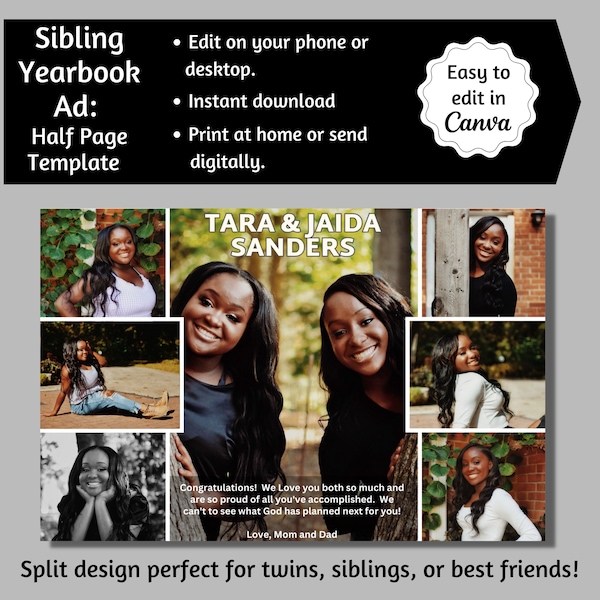 Sibling Senior Yearbook Ad, Twin Half Page Senior Yearbook Ad, Best Friends Tribute Ad, Editable Yearbook Ad, 1/2 Pg Yearbook Template Canva