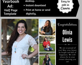 Half Page Senior Yearbook Ad, Editable Canva Template, 8.5" x 5.5" Photo Collage, Digital Download, High School Parent Senior Tribute