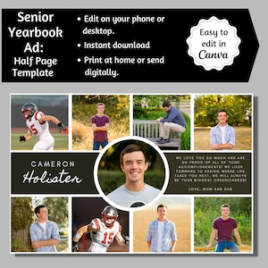 May include: A collage of photos of a young man in a football uniform and casual clothing. The text "CAMERON Hollister" is in the center of the collage. The text "WE LOVE YOU SO MUCH AND ARE SO PROUD OF ALL OF YOUR ACCOMPLISHEMENTS! WE LOOK FORWARD TO SEEING WHERE LIFE TAKES YOU NEXT. WE WILL ALWAYS BE YOUR BIGGEST CHEERLEADERS! LOVE, MOM AND DAD" is at the bottom of the collage.