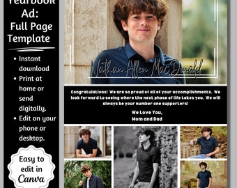 Full Page Senior Yearbook Ad, Editable Digital Canva Template, Yearbook Ad Full Page, Senior Tribute Boy, Parent Announcement, Photo Collage