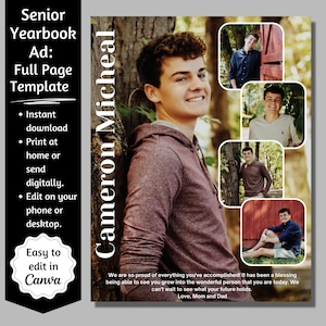 Puede incluir: Una plantilla de anuncio de anuario en blanco y negro con un collage de fotos de un joven. El anuncio presenta el texto "Senior Yearbook Ad: Full Page Template" y "Cameron Micheal". El texto también incluye información sobre la descarga instantánea, la impresión en casa y la edición en un teléfono o computadora de escritorio. El anuncio también incluye el texto "Fácil de editar en Canva".