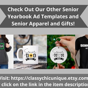Peut inclure: Une collection de v&ecirc;tements et de cadeaux sur le th&egrave;me de la derni&egrave;re ann&eacute;e. Les articles comprennent un sweat &agrave; capuche gris avec le texte "Class of 23", une tasse blanche avec le texte "Senior Dad 2023", une d&eacute;coration blanche avec le texte "Senior Mom 2023", et un t-shirt noir avec le texte "Senioritis #IYKYK".
