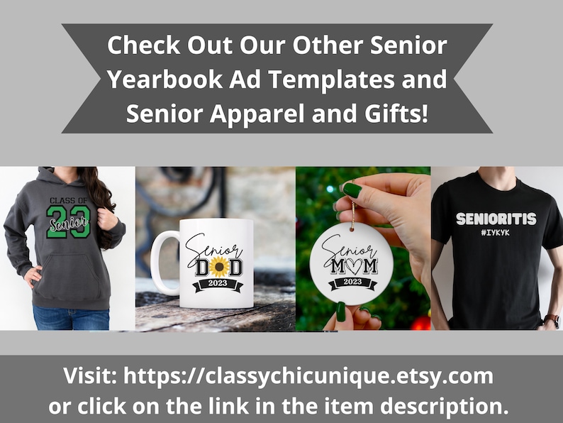 Peut inclure: Une collection de v&ecirc;tements et de cadeaux sur le th&egrave;me de la derni&egrave;re ann&eacute;e. Les articles comprennent un sweat &agrave; capuche gris avec le texte "Class of 23", une tasse blanche avec le texte "Senior Dad 2023", une d&eacute;coration blanche avec le texte "Senior Mom 2023", et un t-shirt noir avec le texte "Senioritis #IYKYK".
