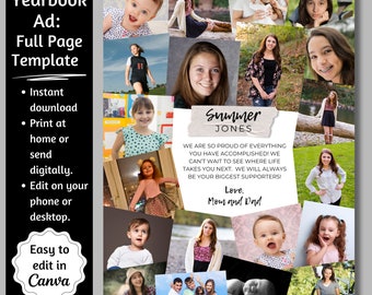Full Page Senior Yearbook Ad Template, Yearbook Full Page, 8.5x11 Senior Tribute, Editable Canva Parent Yearbook Ad, 20 Photo Collage, 2026