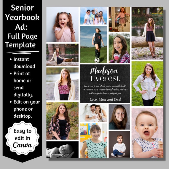 Full Page Senior Yearbook Ad Template, Yearbook Full Page, 8.5x11 Senior Tribute, Editable Canva Parent Yearbook Ad, 16 Photo Collage