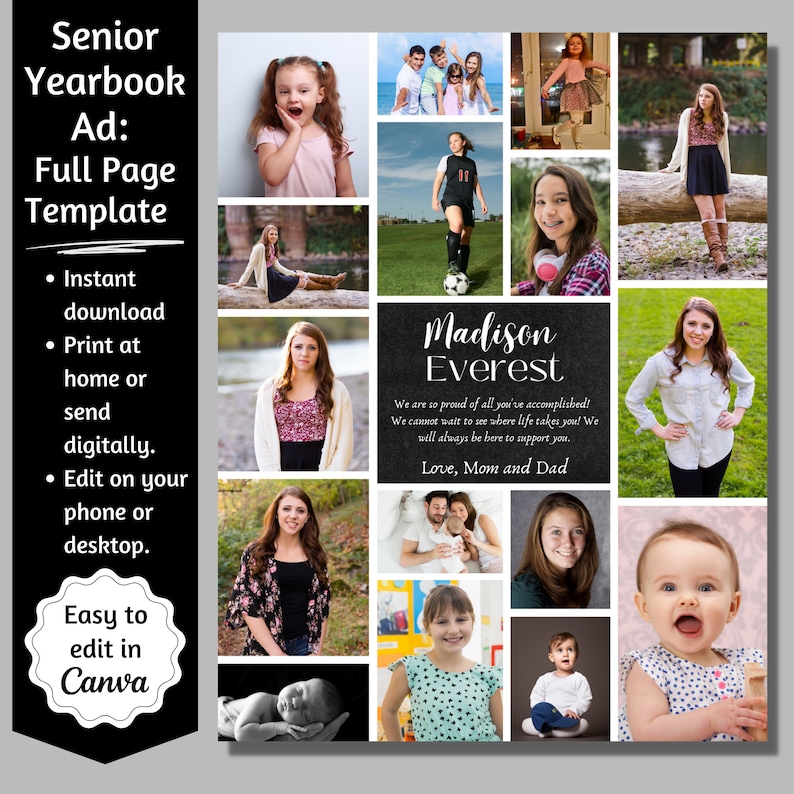 Peut inclure: Un collage de photos pour une annonce de fin d'ann&eacute;e. Les photos montrent une jeune femme dans diff&eacute;rents environnements, notamment un terrain de football, un parc et une maison. L'annonce comprend le texte "Madison Everest" et "Love, Mom and Dad".