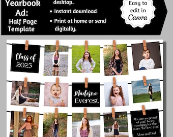 Half Page Senior Yearbook Ad, Clothespins Yearbook Ad, Senior Tribute, Editable Yearbook Ad, Half Page Collage Template, Yearbook Ad Canva