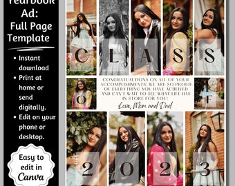 Full Page Senior Yearbook Ad, Editable Canva Template, 8.5" x 11" Photo Collage, Digital Download, Senior Tribute, Parent Announcement