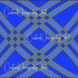 May include: Abstract geometric pattern with intersecting lines in yellow and blue on a royal blue background. The text "Custom Designs by Shell" appears three times in the image.