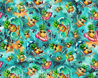 Vinilo impreso de 12 x 12 con piña, surf, bebidas, flamenco, amarillo, rosa, verde y azulado.