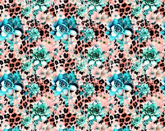 12 x 12 printed Vinyl Cheetah Succulent cactus Hens and chicks blooms Blue Pink Teal Plaid