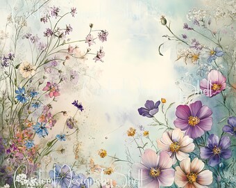 12x12 Printed Vinyl Floral Flowers Big Blooms White Blue Purple Pink Pastel Gold Teal