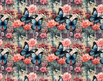 12 x 12 printed Pattern Vinyl Butterflies Roses Blooms Floral Blossom Blue Pink