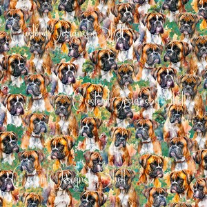 May include: A seamless pattern featuring watercolor illustrations of boxer dogs in various poses. The dogs are depicted in shades of brown and white, with splashes of green, blue, and yellow paint in the background.