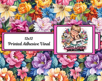Pattern Vinyl printed vinyl 12x12 Bold Floral Flowers Red Purple Yellow Orange Green Blue