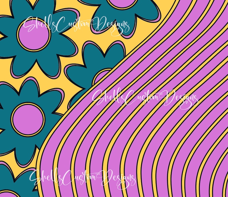 May include: Abstract digital art print featuring teal blue and pink flowers on a yellow background. The background is divided diagonally with a pink and yellow striped pattern.