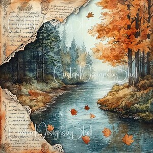May include: Watercolor painting of an autumn river scene. The artwork features a river flowing through a forest with trees in shades of green, orange, and brown. Torn paper with script and lace trim frames the scene. The text "Designsby Shell" and "Custom Designsby Shell" are visible.