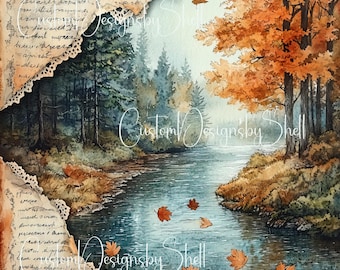 12x12 Printed Vinyl Fall Maple River Mountains Wood Distressed Journal