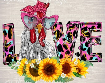 Printed Vinyl Decal Clear Love Chicken Sunflowers
