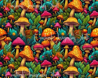 12x12 Pattern Printed Adhesive Vinyl Bold Mushrooms Pink Yellow Orange Green Teal Mythical Fantasy