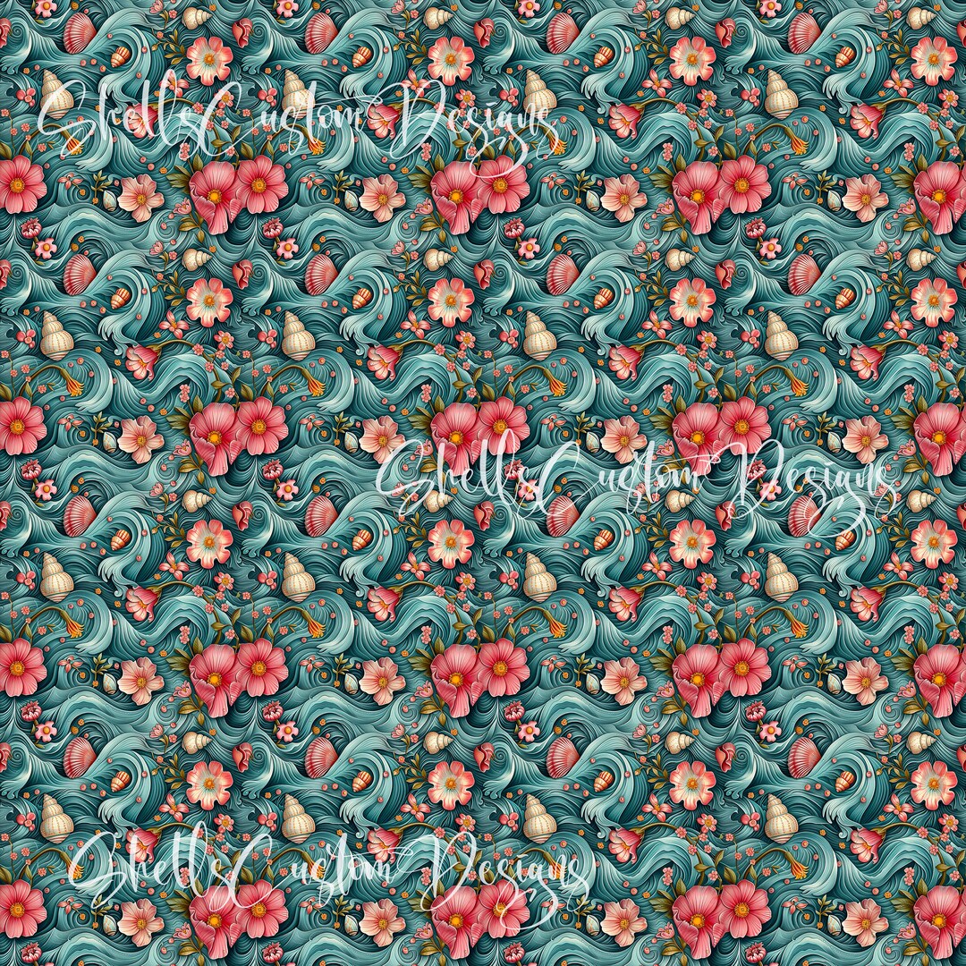 Flower Shell Pattern 12x12 Printed Vinyl Shells Shell Snail Clam Ocean Floral Flowers Waves ...