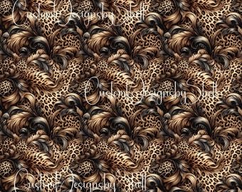 12x12 Printed Vinyl Flowers Floral Cheetah Brown Black Toil Pattern Feathers