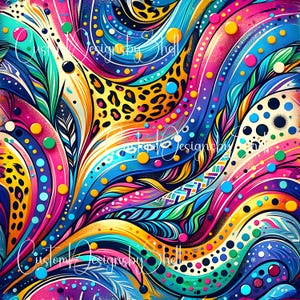 May include: Abstract digital art with a vibrant, colorful design. The artwork features swirling patterns in shades of pink, blue, yellow, and teal, with leopard print accents and the text "Custom Designs by Shell".