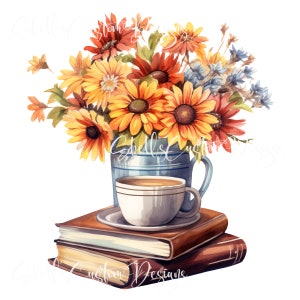Printed decal Fall Books Tea Cup Coffee Floral Flowers