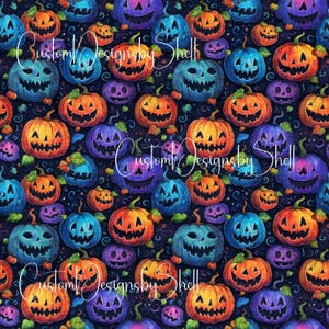 Printed vinyl Halloween Fabric texture Pumpkins Blue Purple Teal Orange