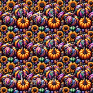 May include: A vibrant, repeating pattern featuring colorful pumpkins, sunflowers, and small green gourds. The pumpkins are orange and adorned with intricate designs in shades of purple, blue, and teal. Sunflowers with yellow petals and dark centers are interspersed throughout, along with the text "Custom Designs by Shell".