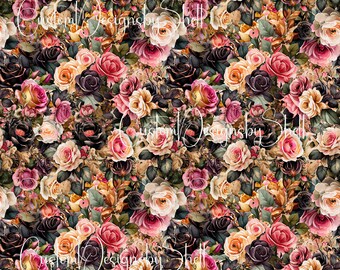 12 x 12 printed Pattern Black Pink Roses Blooms Floral Cream Yellow Peach