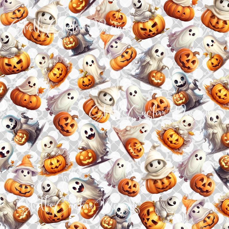 May include: A seamless pattern featuring cute cartoon ghosts holding jack-o'-lantern pumpkins on a white background with a subtle gray polka dot pattern.