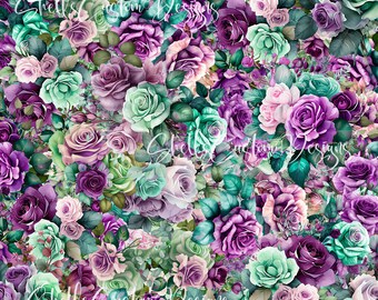 12 x 12 printed Pattern Vinyl Mint Lavender Purple Roses flowers floral