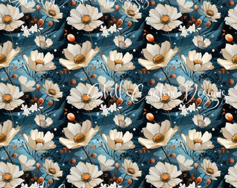 12x12 Printed Vinyl Cream White Daisy Blue Blooms Navy