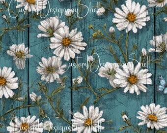 12x12 Printed Vinyl Adhesive Floral Flowers Country distressed Teal Wood White Daisy