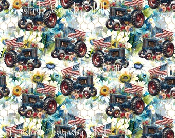 12 x 12 printed Pattern Vinyl Farm Tractors Vintage Blue Red Flag Daisy Floral Country