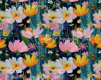 12x12 Pattern Printed Adhesive Vinyl Spring Summer Wild Floral Flowers Yellow Pink Fuchsia Blue Night Magic Mythical