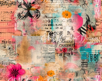 12 x 12 printed Pattern Vintage background Distressed paper Scrap Pink Blue Black and White