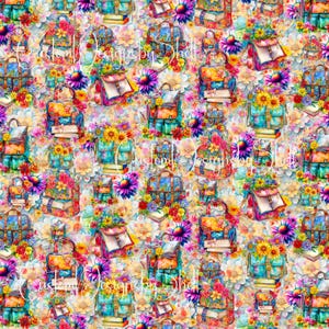 May include: A seamless pattern featuring colorful backpacks with floral accents. The backpacks are filled with books and surrounded by vibrant flowers in shades of pink, yellow, blue, and green.