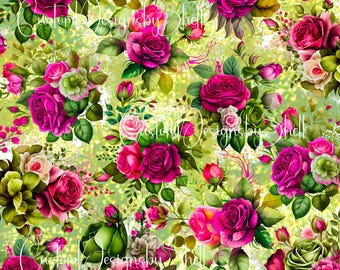 12 x 12 printed Pattern Vinyl Rose Roses Fuchsia Green Spring Summer Blooms Floral