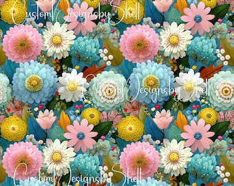 12x12 Pattern Printed Adhesive Vinyl Bright Spring Line Art Floral Flowers Yellow Orange Blue Green Black White Carnival
