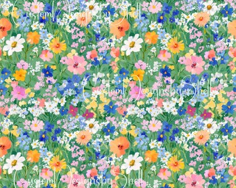 12x12 Printed Vinyl Daisies Blooms Blue Green Yellow Pastel Teal Yellow Summer